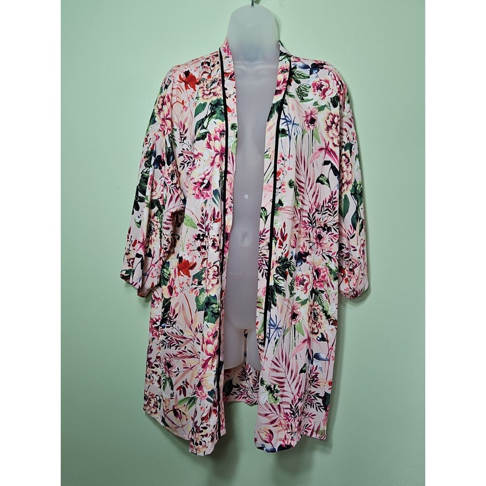 Bobeau Floral Open Front Kimono Cardigan Duster Pink Green Lightweight Size M